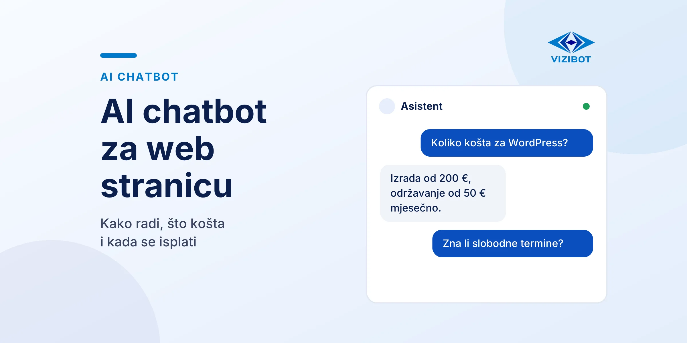 Razgovor s AI chatbotom na web stranici o cijeni izrade za WordPress.