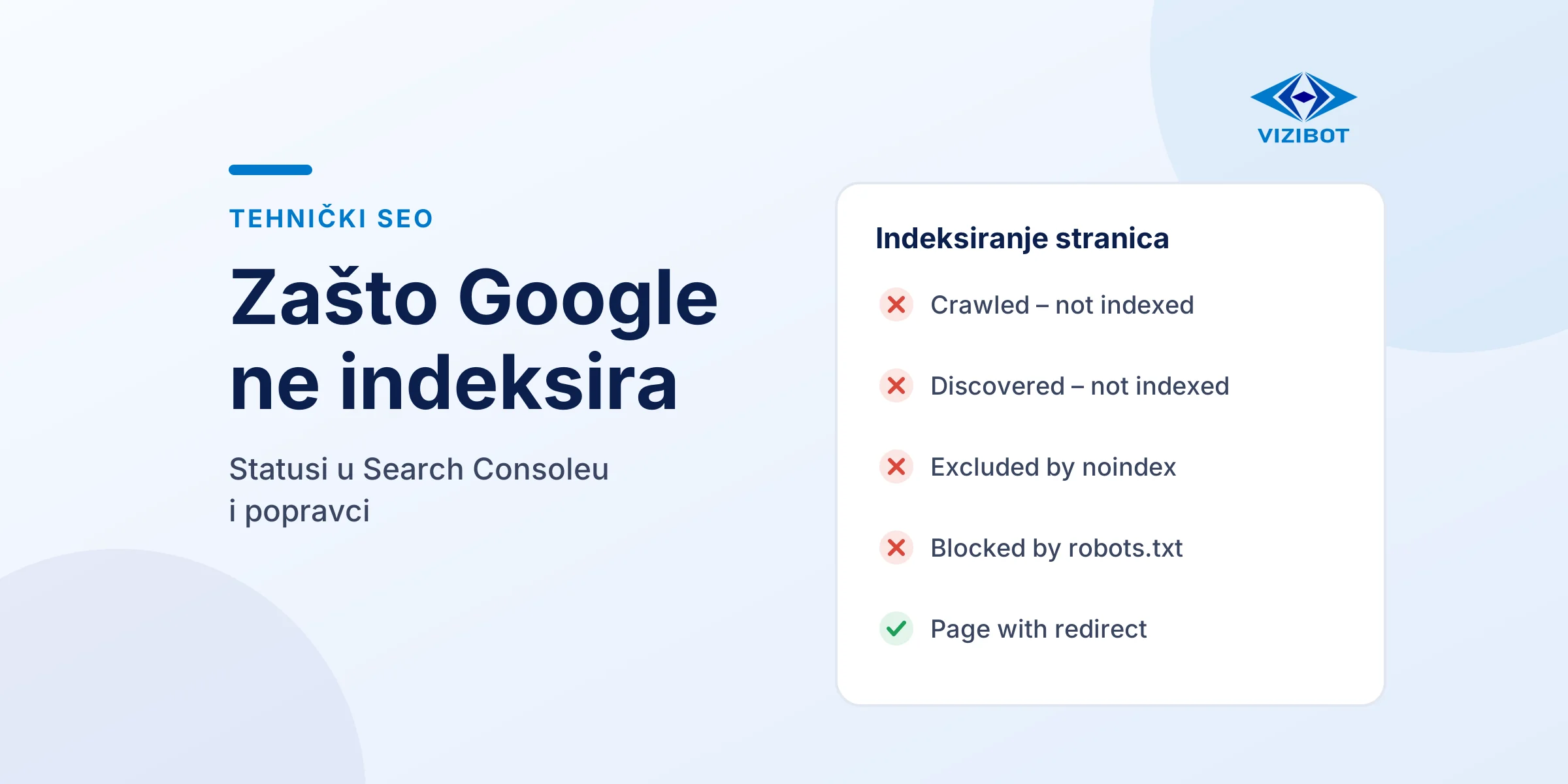 Statusi iz izvještaja o indeksiranju u Search Consoleu, od Crawled – not indexed do Page with redirect.